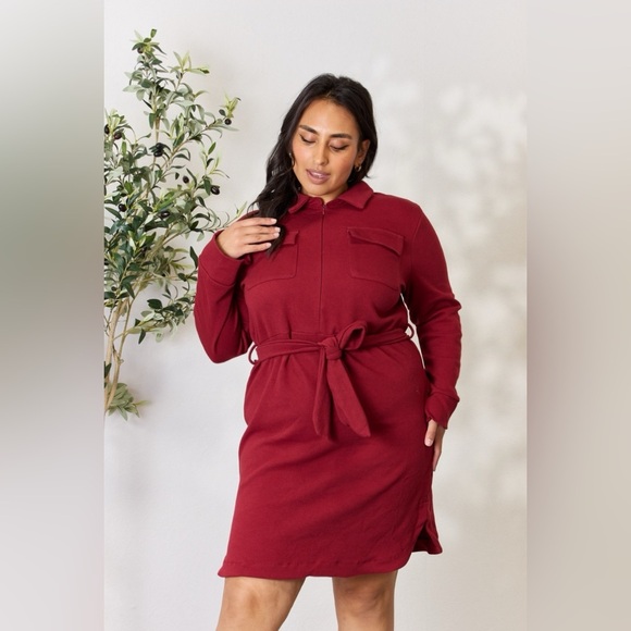 Culture Code Tie Front Half Zip Long Sleeve Shirt Dress - Picture 1 of 16